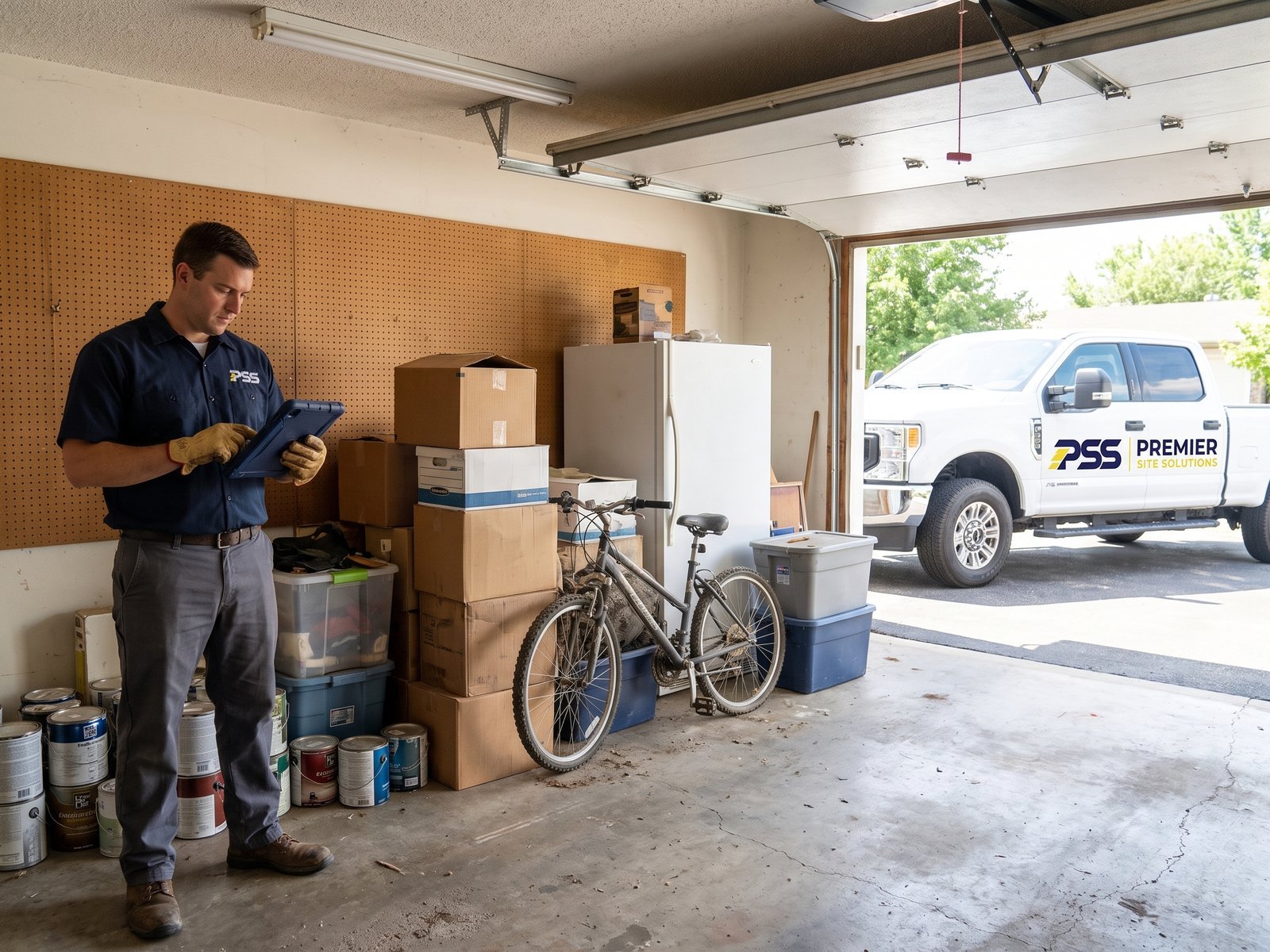 Premier Site Solutions worker reviewing a cluttered garage on a tablet, with a branded pickup in the driveway