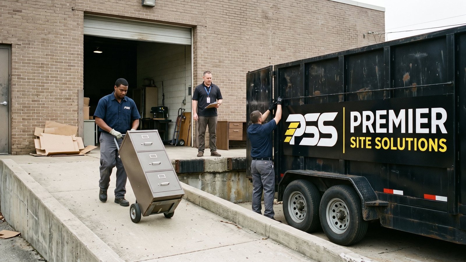 Premier Site Solutions crew wheeling a filing cabinet down a loading dock ramp to a branded dump trailer behind a brick office building