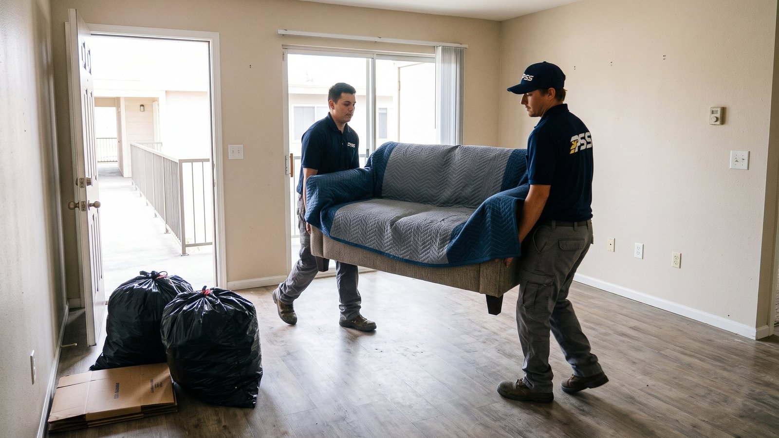 Two Premier Site Solutions workers carrying a blanket-wrapped loveseat out of an empty apartment