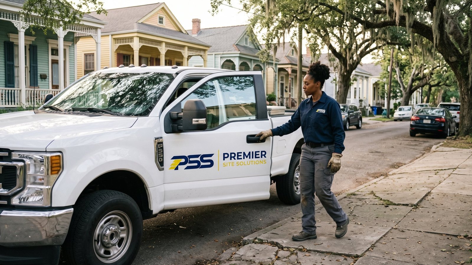 Premier Site Solutions worker opening the door of a branded pickup on an oak-lined New Orleans street of colorful raised houses