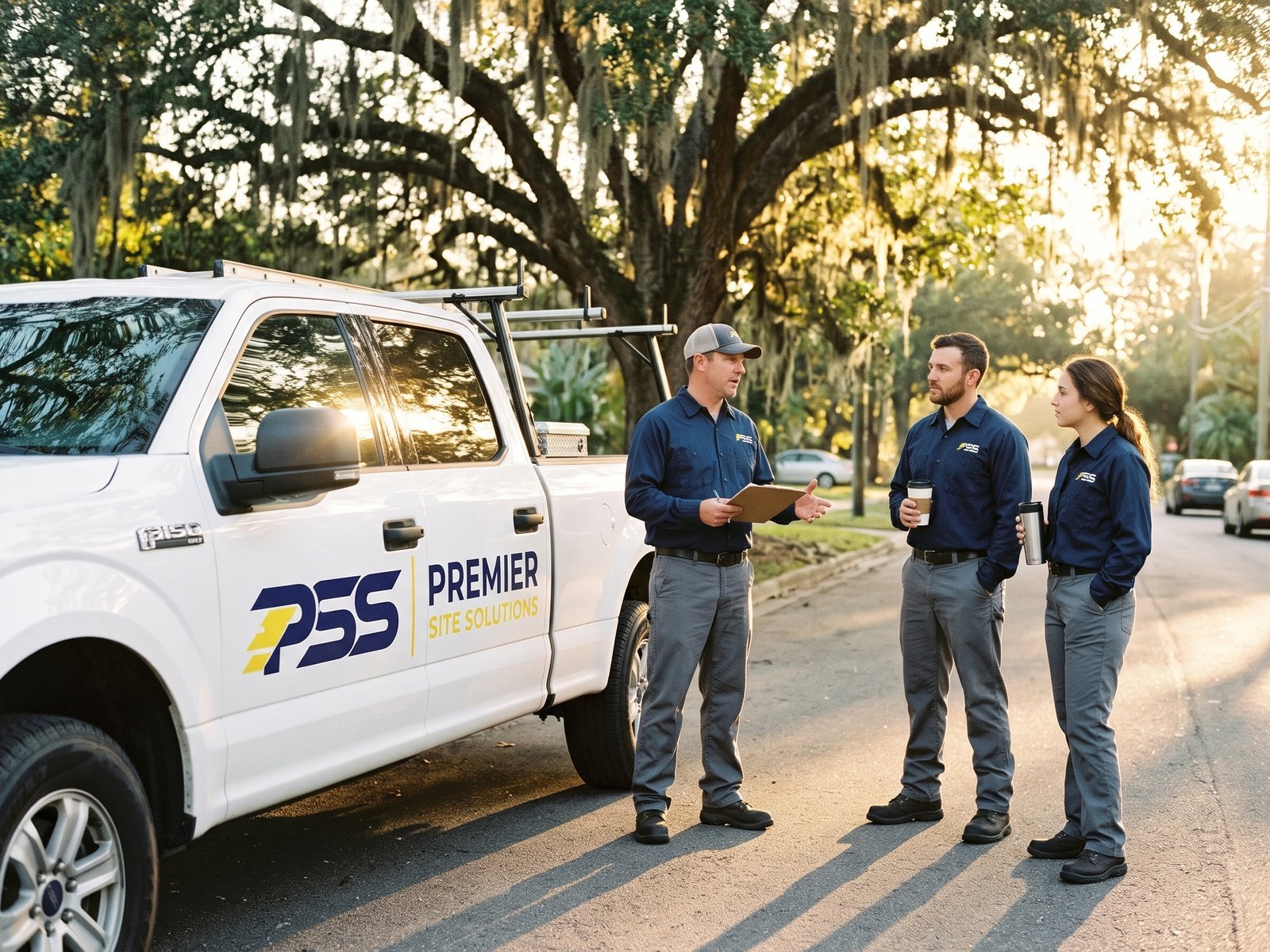 Three Premier Site Solutions crew members holding coffee during a morning briefing beside a branded pickup under live oaks
