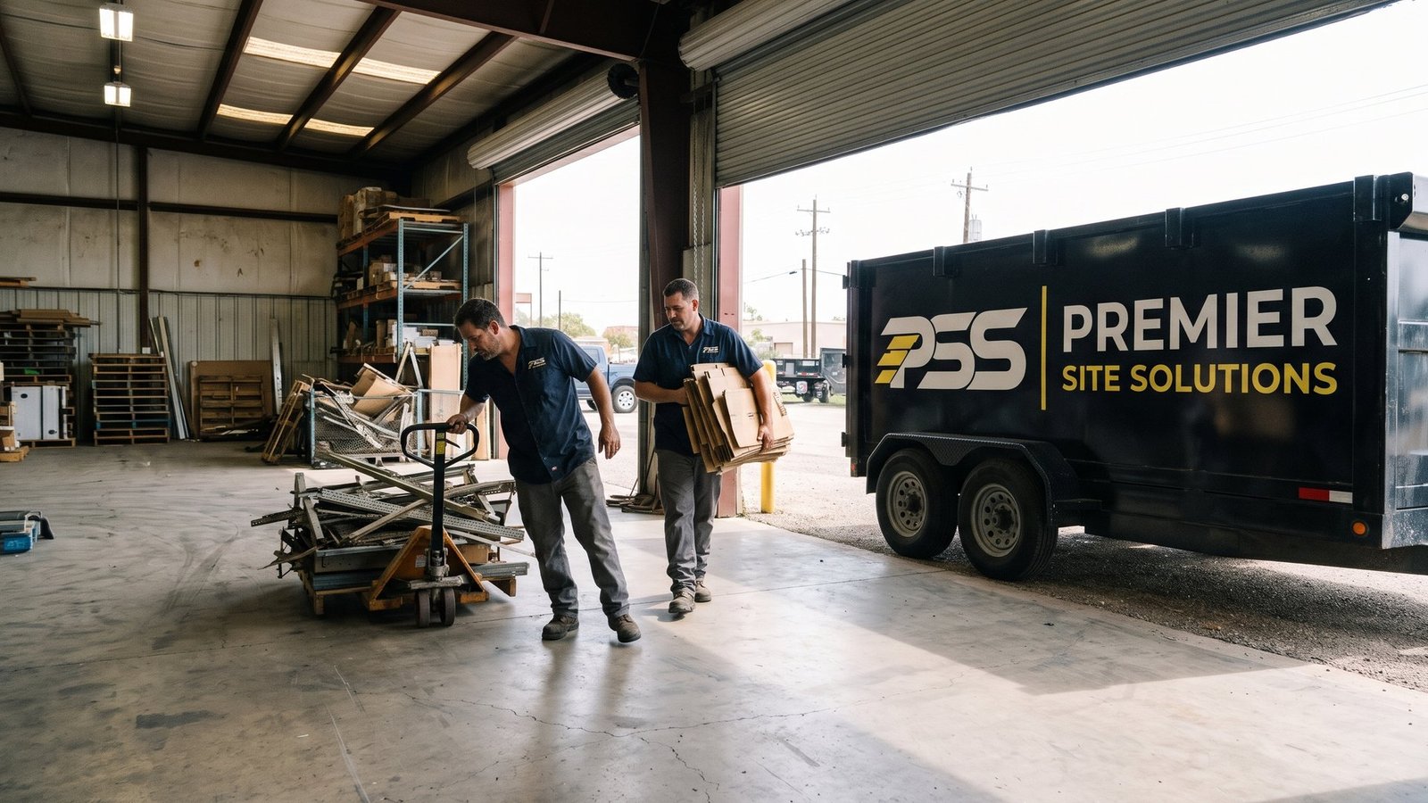 Premier Site Solutions crew moving scrap metal on a pallet jack and carrying cardboard out of a warehouse to a branded dump trailer