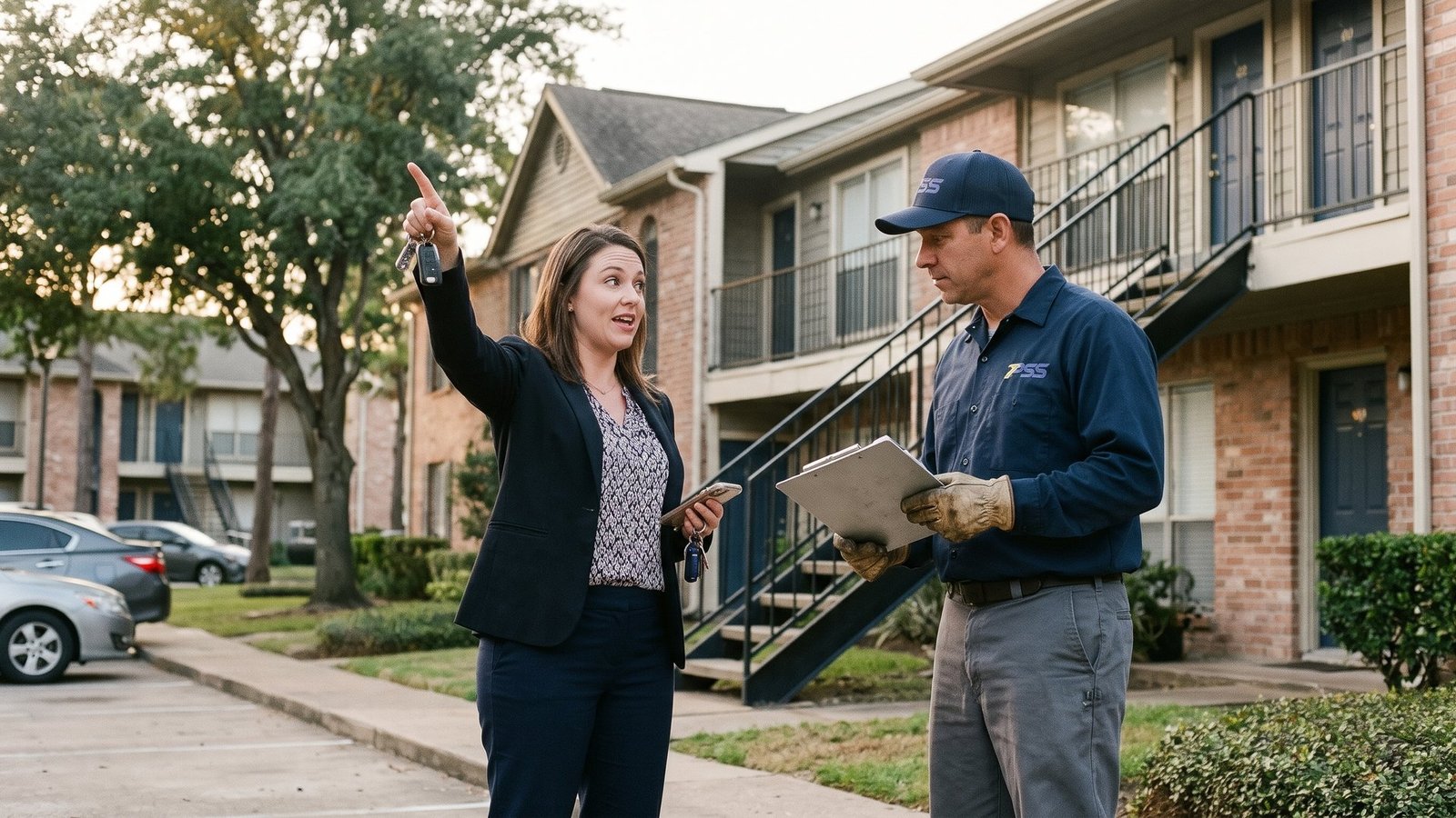 Apartment property manager pointing out a unit to a Premier Site Solutions crew lead holding a clipboard