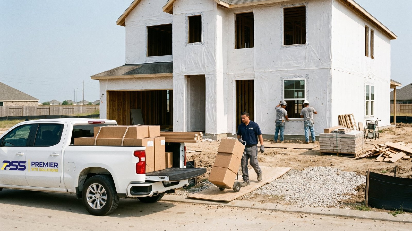 Premier Site Solutions worker wheeling boxed materials from a branded pickup to a house under construction