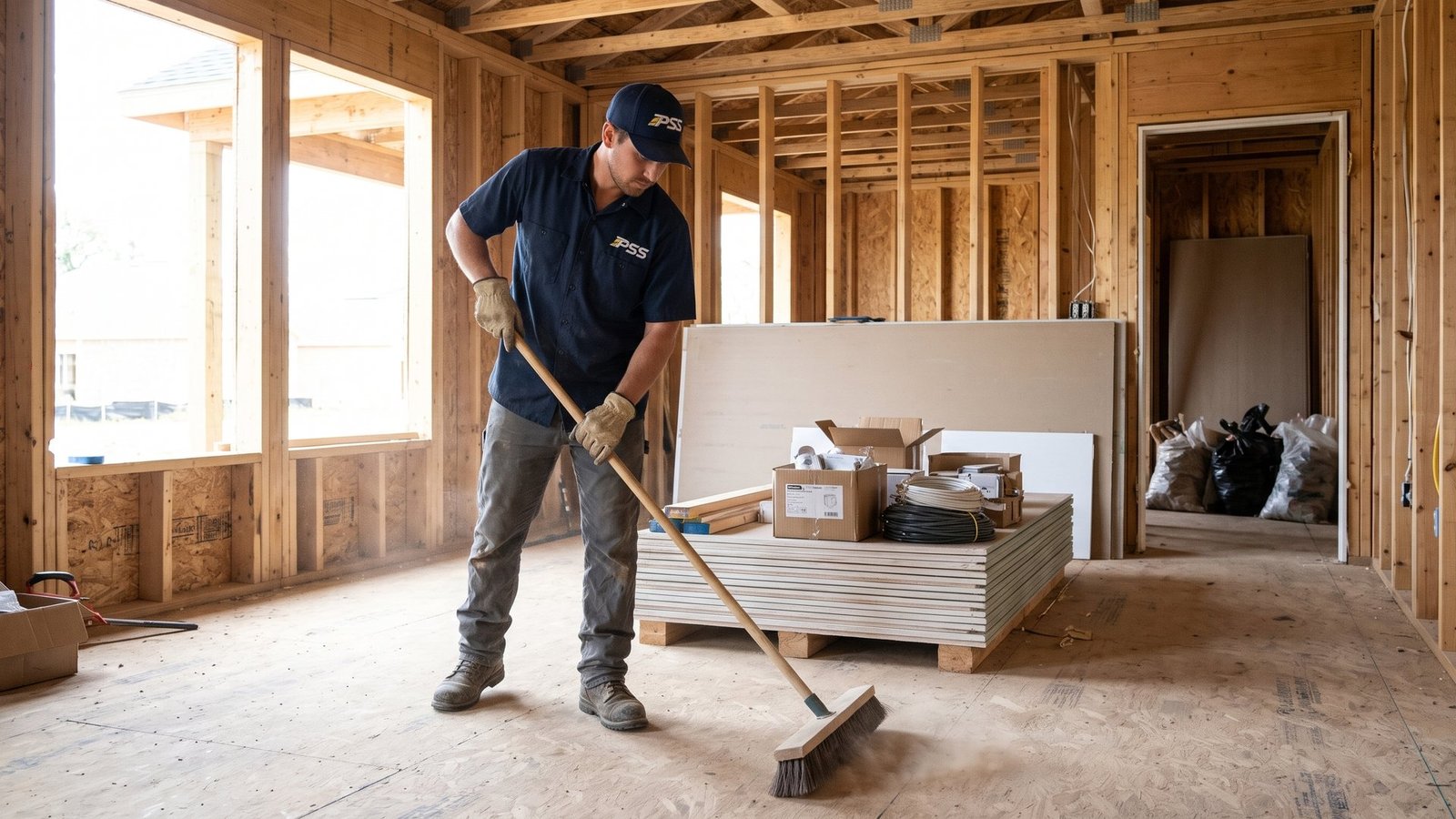 Premier Site Solutions worker sweeping the subfloor of a framed house beside neatly staged drywall and boxed materials