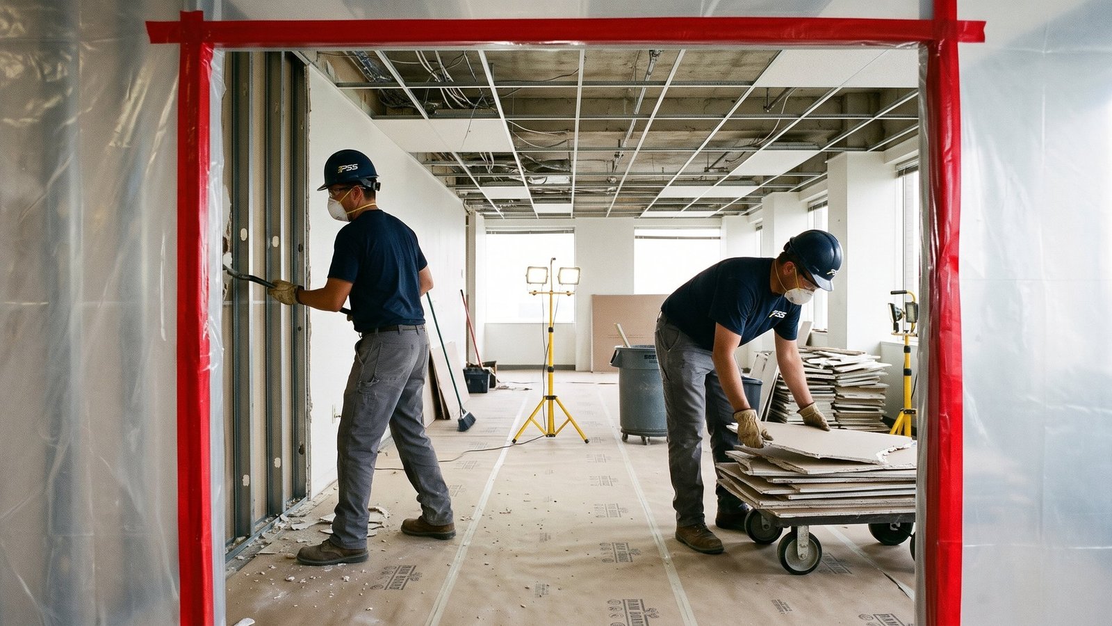Two Premier Site Solutions workers in hard hats and masks removing an interior wall inside a sealed-off commercial space