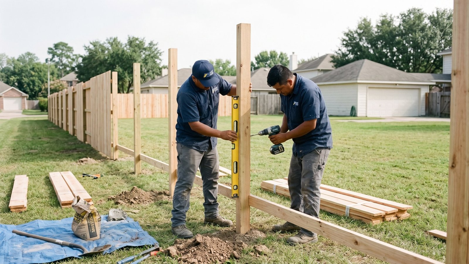 Two Premier Site Solutions workers leveling and fastening a new cedar fence post along a backyard property line