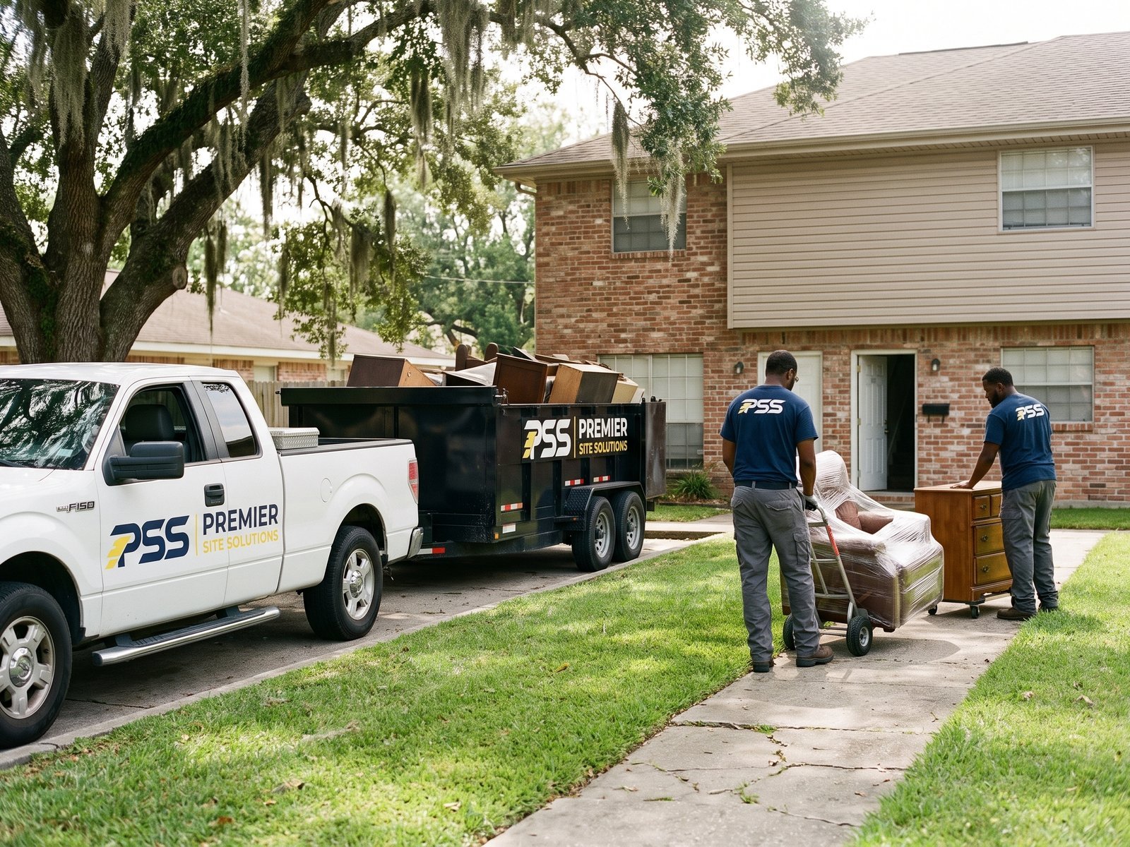 Premier Site Solutions crew moving a wrapped armchair and a dresser to a branded pickup and dump trailer outside an apartment building