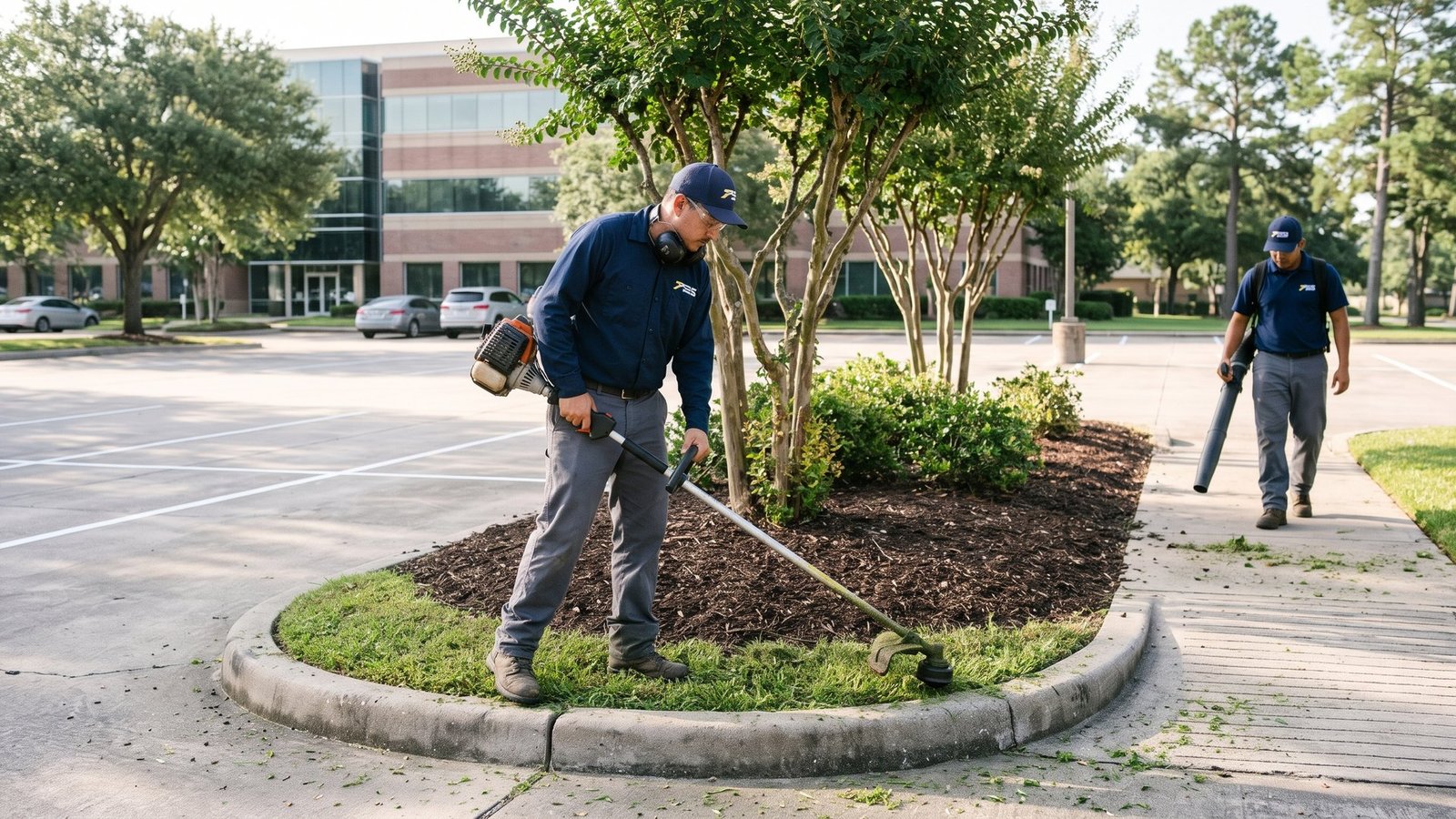 Premier Site Solutions worker trimming the edge of a mulched parking-lot island while a second worker uses a leaf blower outside an office building