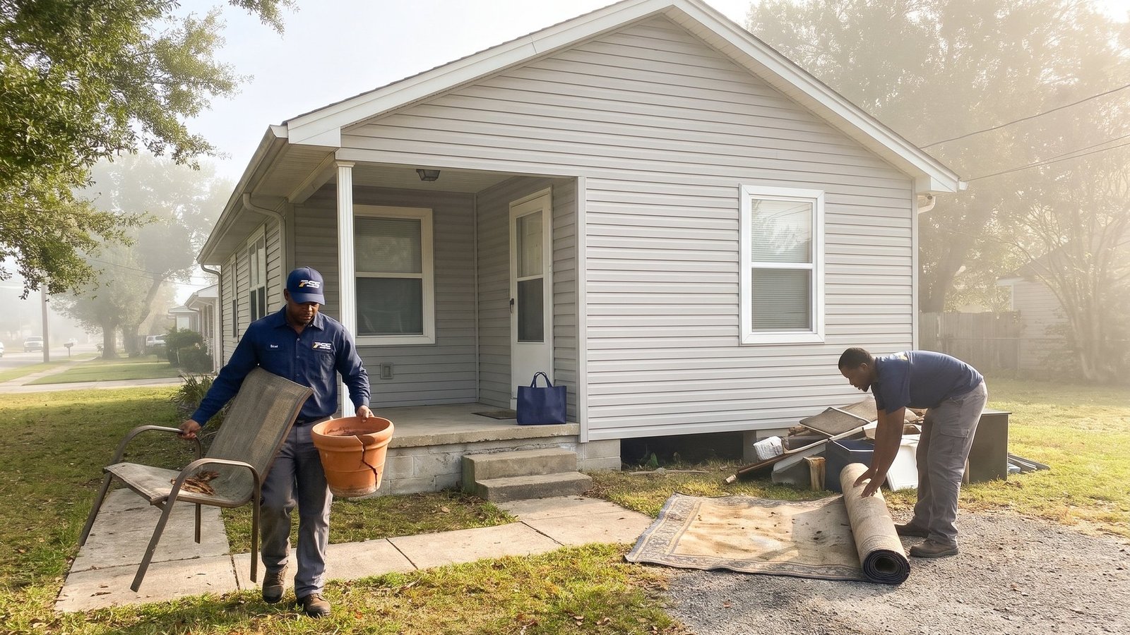 Premier Site Solutions crew clearing an old chair, flower pot and rug from the front of a small house