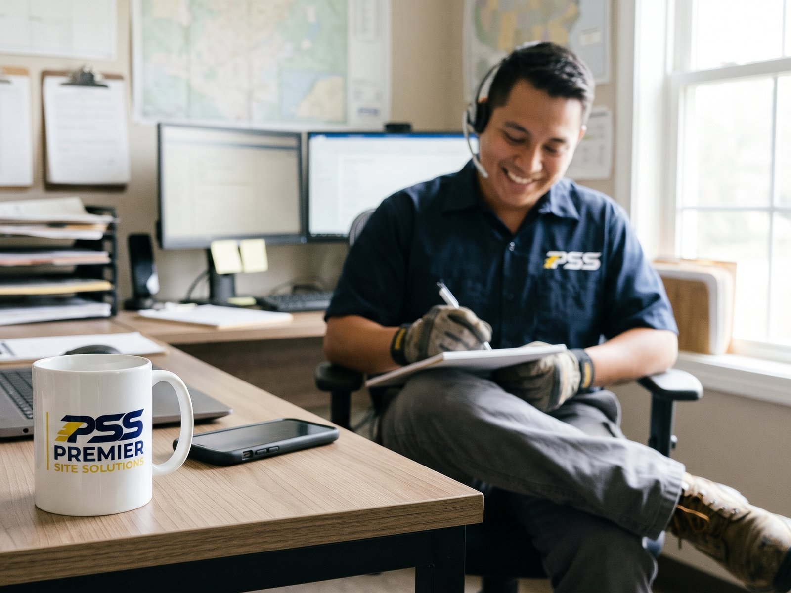 Premier Site Solutions dispatcher on a headset taking notes at an office desk, with a branded coffee mug in the foreground