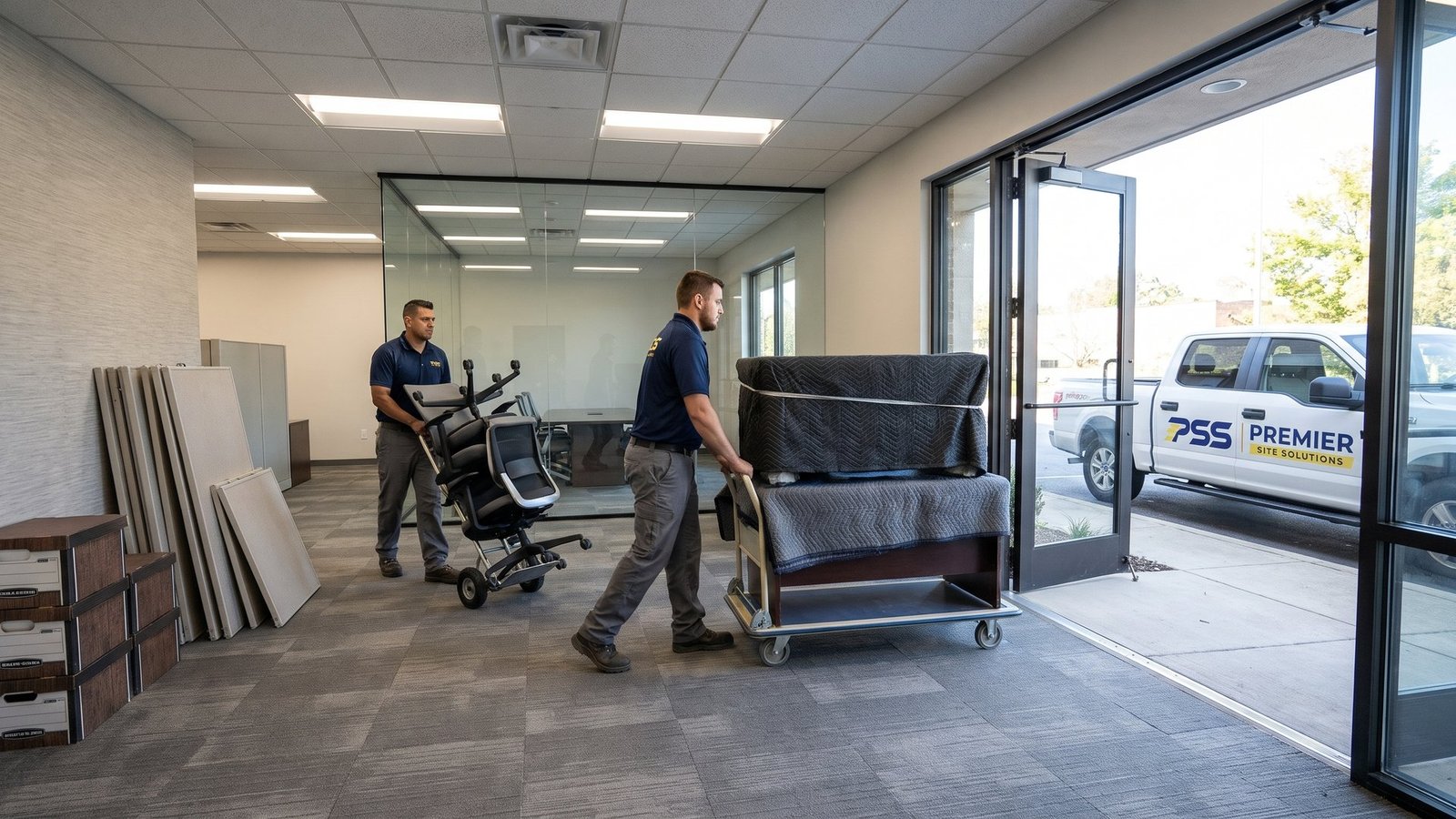 Premier Site Solutions crew moving wrapped office furniture and chairs out of a vacant office suite toward a branded pickup