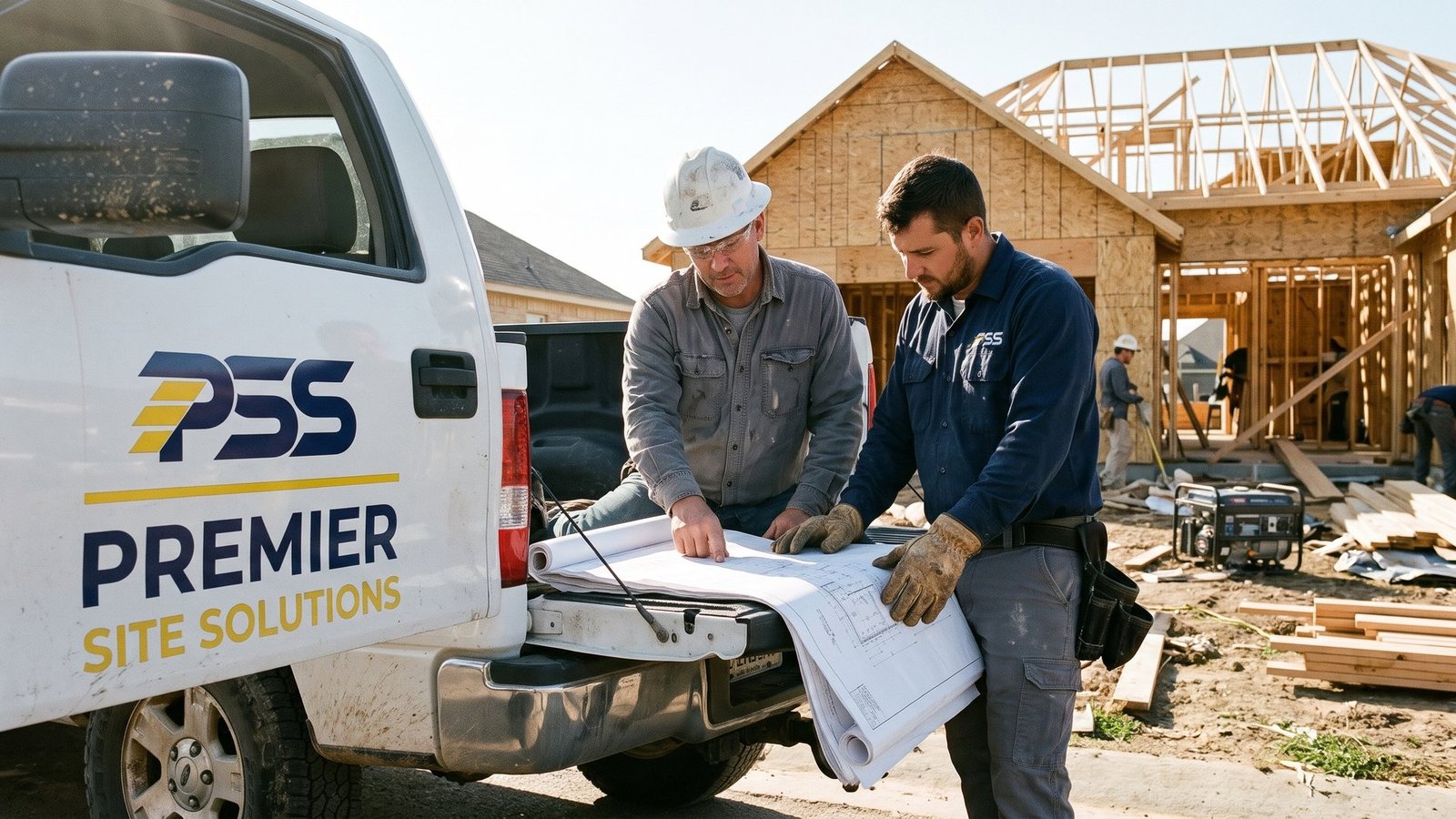 General contractor and Premier Site Solutions crew lead reviewing plans on the tailgate of a branded pickup at a new home under construction