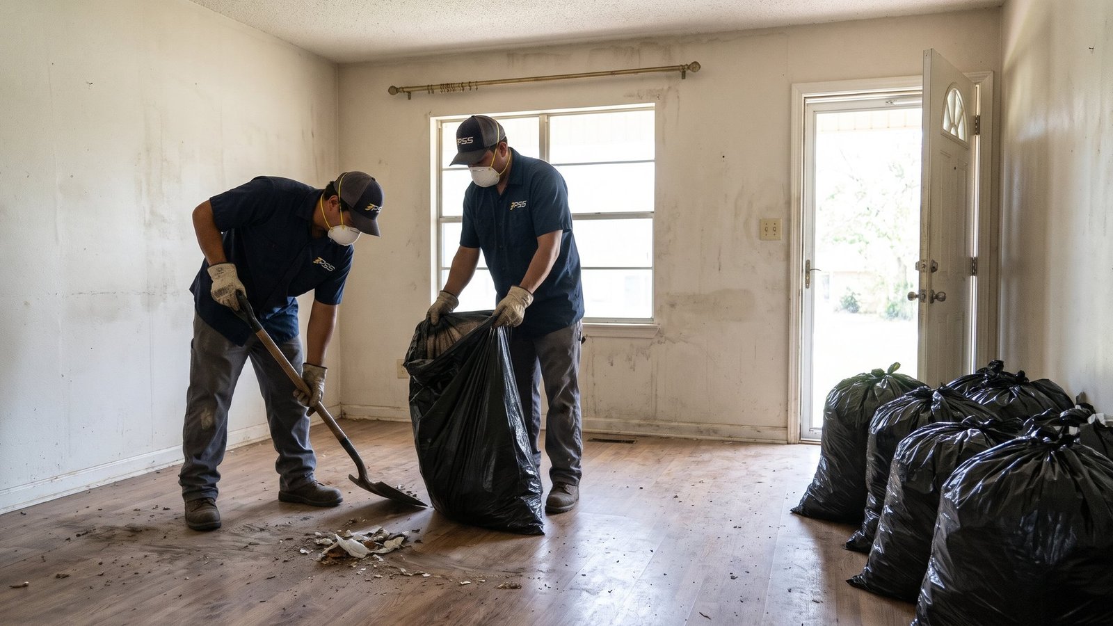 Two Premier Site Solutions workers in dust masks shoveling debris into trash bags in a vacant house, with full bags lined up by the door