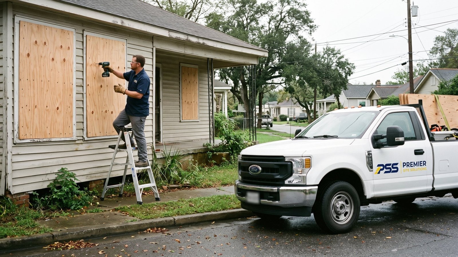 Premier Site Solutions worker on a ladder drilling plywood over the windows of a vacant house, with a branded pickup parked at the curb
