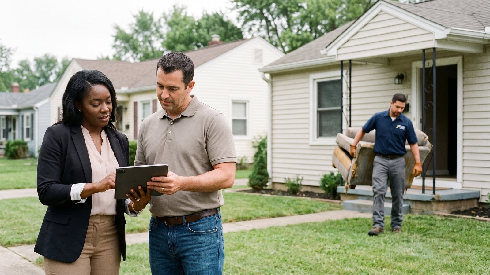 Real estate agent and investor reviewing a tablet on a front lawn while a Premier Site Solutions worker carries an old armchair out of the house