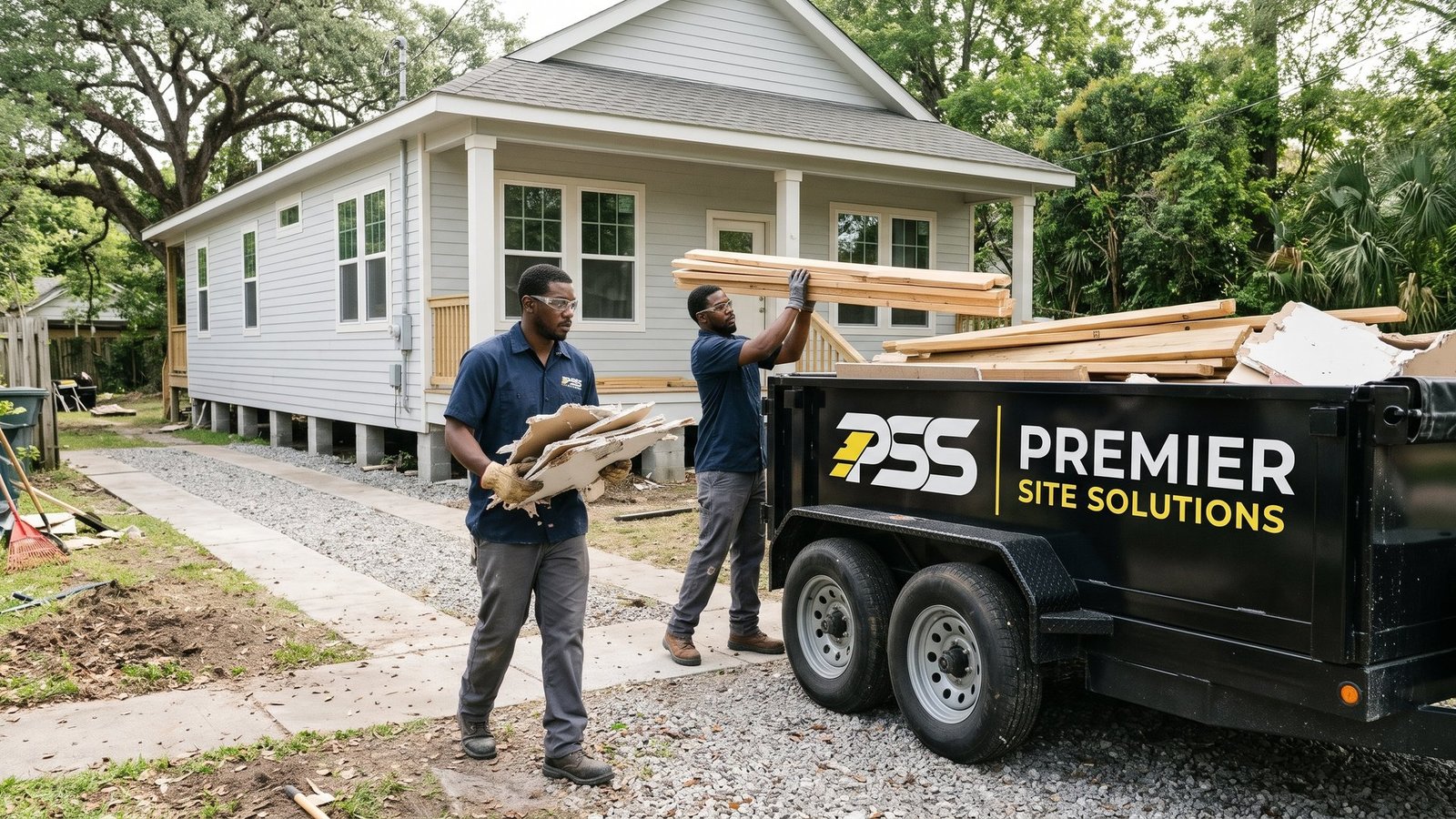Two Premier Site Solutions workers loading drywall scraps and lumber into a branded dump trailer beside a newly renovated house